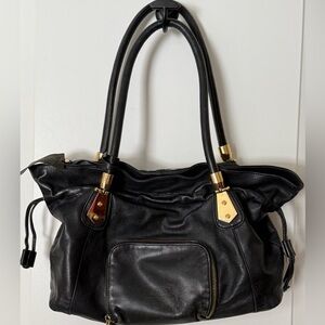 Rough Roses Black and Gold Pebbled Leather Shoulder Bag